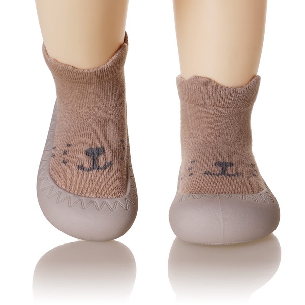 Eocom Baby Sock Shoes Toddler Cartoon Rubber Sole Non-Skid Indoor Floor Slipper for Infant Boys Girls First Walking(Brown#02, 12-18 Months)