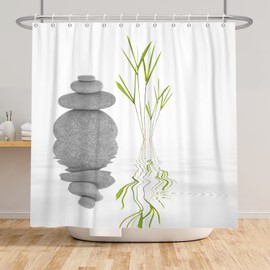 SDOTPMT 105 x 160 cm Basalt Stones Bamboo Leaves Shower Curtain Spa Japanese Theme Zen Meditation Bath Curtain White Background Bath Curtain for Bathroom Polyester with Hooks