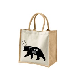 Mothers Day Gifts for Mum - Cotton Jute Shoulder Bag, Reusable Bags for Shopping, Mum Gifts, Book Bag, Travel Bag, Shopper Bags - Bear - Natur - L