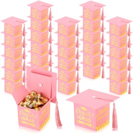Chuangdi 30 Pieces Congrats Grad Party Candy Boxes, DIY Grad Cap Box with Tassels for Graduation Gift Graduation Party Favors Decor Party Supplies Graduation Centerpieces for Tables (Rose Pink)