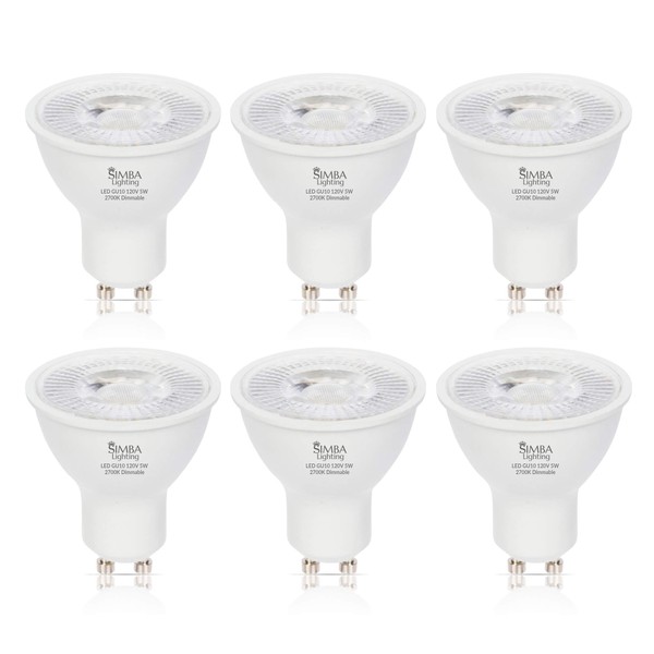 Simba Lighting LED GU10 5W Dimmable Spot Light Bulb (6 Pack) Halogen 50W Replacement MR16 Shape for Accent, Recessed, Track Lighting, 38° Beam, 120V, Twist-N-Lock Bipin Base, 2700K Warm White