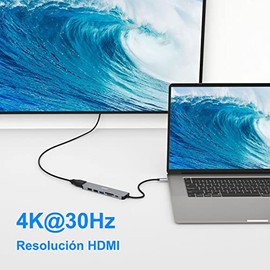 JESWO HUB USB C, 7 en 1 Adaptador USB C a HDMI 4K, USB 3.0, 2*USB 2.0, Lector Tarjeta SD/TF, USB C 100W PD Carga, para MacBook, MacBook Pro, Macbook A