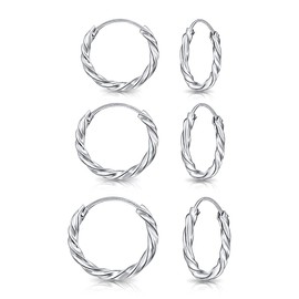 DTPsilver - 3 Pairs of Earrings - Small Round Twisted Hoop Earrings - 925 Sterling Silver, Yellow Gold Plated or Rose Gold Plated - Thickness 1.8 mm - Diameter 10, 12 and 14 mm, Sterling Silver