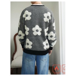 SHENHE Men's Skeleton Pattern Cardigan Sweaters Long Sleeve Unisex Outwear Knitted Coats Flower Black White Large