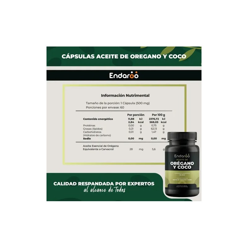 Aceite Coco Orégano Endaroo Vegano Sin Rellenos Sin Sabor