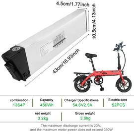 F-wheel 48V Ebike Battery 10Ah Folding Electric Bike Lithium Battery Pack with 20A BMS, Security Lock, for 0-350W Motor Electric Bicycles Compatible with SAMEBIKE, KAISDA