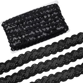 CABODYALS 13M Black Sequin Trims Glitter Metallic Ribbon Flat Polyester Wavy Edge Paillette Dark Shiny Trimming Strips Ribbons for Sewing Making Dress Embellishments Diy Art Crafts Supply