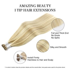 ABH AmazingBeauty Hair I tip Hair Extensions Pre Bonded Hair Extensions Human Hair Color Dirty Blonde Highlights with Bleach Blonde Fusion Real Hair Extensions 50strands 50 Grams 16 Inch