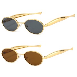 SUNBSR Retro Oval Sunglasses for Women Men 70s Trendy Sardine Sun Glasses Gold Metal Frame Shades UV400 Protection (Grey+Brown)