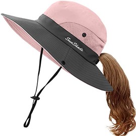 Kids UV Sun Hat with Ponytail Hole UPF 50 Bucket Cap for Girls Summer Beach ＆ Fishing (M:5-12T(Head circumferences 20.6"-21.8"), Light Pink)