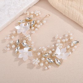 Teyglen Gold Wedding Flower Hair Vine Floral Flower Headpiece Bridal Crystal Pearl Headband Rhinestone Hair Accessories for Women Gold Wedding Hair Piece(Gold, Free size)