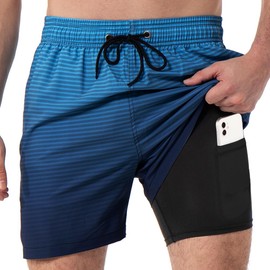 SlowTon Traje de Baño Hombre 2 en 1, Bañador de Secado Rápido con Bóxer de Compresión, Shorts de Baño con Bolsillos con Cremallera y Cordón Ajustable para Playa Natación Piscina Correr(M, Azul Morado)