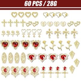 Gold Nail Charms 60Pcs, Cross Rose Heart Virgin Mary Nail Gems, 3D Metal Alloy Nail Art Charms for Manicure, Punk Nail Jewelry, DIY Nail Decorations, Trendy Nail Rhinestones for Women Girls (Gold)