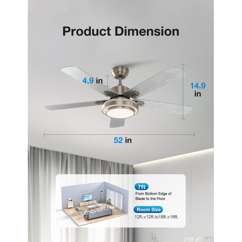 warmiplanet Ceiling Fan with Lights Remote Control, 52 Inch, Brushed