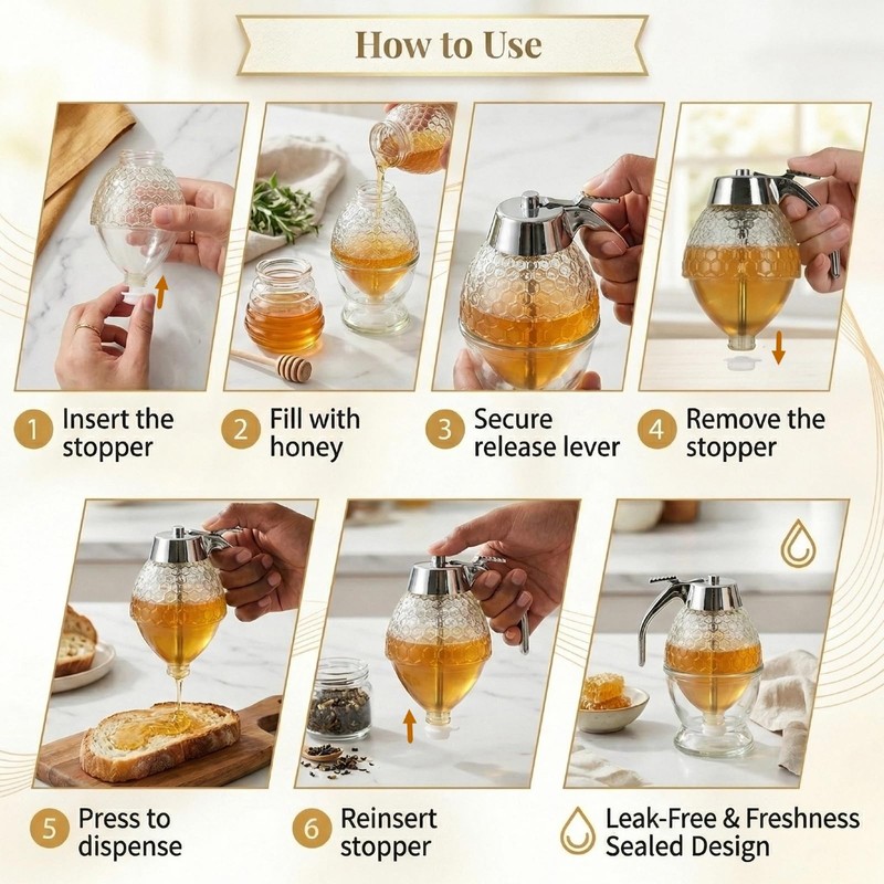 Glass Honey Dispenser No Drip with Stand, Glass Honey Jar,