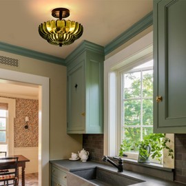 Semi Flush Mount Ceiling Light Fixture, Green Glass 3-Light Modern Vintage Ceiling Lights, Scalloped Close to Ceiling Light, Black Base Flush Mount Ceiling Light for Hallway Bedroom Entryway Kitchen