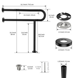Toilet Support Rail 31.3X 31.5 Inch, Munzong Anti-Slip Black Handicap Grab Bar for Bathroom, Stainless Steel Knurled Safety handrails with Leg for Elderly Disabled Pregnant-1.25’Tube