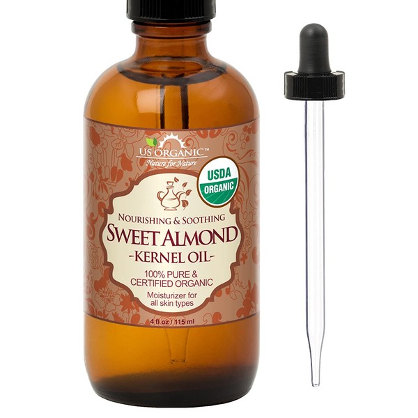 New_US Organic Sweet Almond Kernel Oil, USDA Certified Organic,100% Pure & Natural, Cold Pressed Virgin, Unrefined in Amber Glass Bottle w/Glass Eyedropper for Easy Application (4 oz (115 ml))