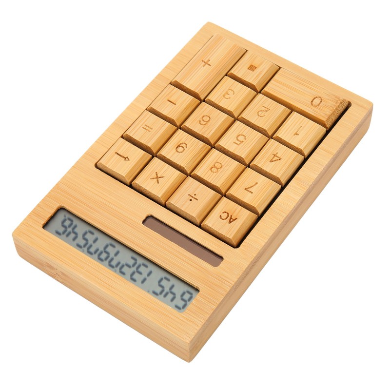 Wooden Calculator Solar Battery Powered 18 Keys Large LCD Display