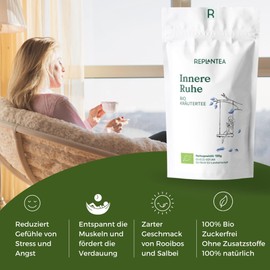 Entspannungstee Bio Lose "Innere Ruhe" 100g (50 Tassen) | Relax Tee, Kräutertee mit Salbei, Rooibos, Zitronenmelisse, Tulsi, Lavendel REPLANTEA