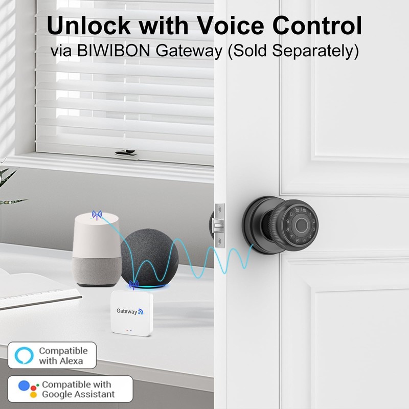 BIWIBON 4-in-1 Smart Door Knob, Fingerprint Door Knob with App