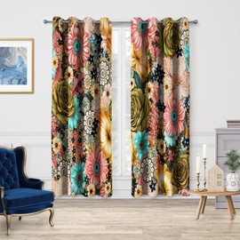 Jekeno Boho Flower Floral Blackout Curtains Colorful Bohemian Flowers Decor for Home Bedroom Living Room Darkening Curtains Grommet Window Drapes 2 Panel Set, 52"x63"