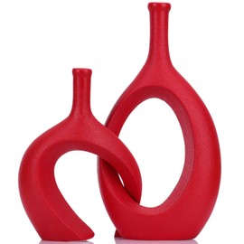 Dark Red Unique Hollow Bud Vases Set of 2,Modern Snuggle and Huging Style Ceramic Vase for Pampas Grass,Living Room Decorations for Fireplace,Coffee Table Centerpiece,Mantle,Bookshelf Decor