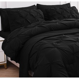 LANE LINEN Twin Comforter Set, 5 Piece Twin Bedding Sets, Ultra Soft Pintuck Twin Bed in a Bag Set with Down Alternative Comforter, Sheets, Pillowcase & Sham, Pinch Pleated Kids Bedding Set - Black