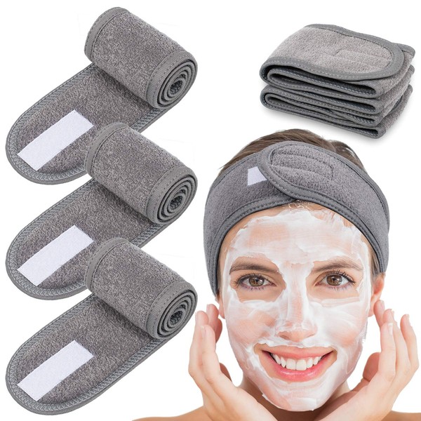 Whaline Spa Facial Headband Head Wrap Terry Cloth Headband 4 Counts Stretch Towel for Bath, Makeup and Sport (Gray)