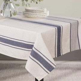 ColorBird French Stripe Tablecloth Cotton Linen Fabric Dust-proof Farmhouse Table Cover for Kitchen Dining Party Brunches (Rectangle/Oblong, 60 x 84 Inch, Navy)