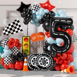 Race Car Balloons Birthday Party Decorations, Mylar Wheels Tire Balloons, Large 40 Inch Black Number 5 Balloons for 5th Boy Birthday Racing Theme Party Decor Supplies 7 Pcs