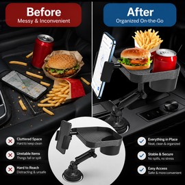 Adjustable Car Cup Holder Tray for Road Trips – 360° Rotating Table with Phone Slot & Drink Expander