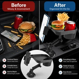 Adjustable Car Cup Holder Tray for Road Trips – 360° Rotating Table with Phone Slot & Drink Expander