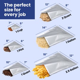 50x Wallaby 1-Gallon Mylar Bag Bundle - (5 Mil - 10" x 14") Mylar Bags + 50x Labels - Heat Sealable, Food Safe, & Reliable Long Term-Food Storage Solutions - Silver