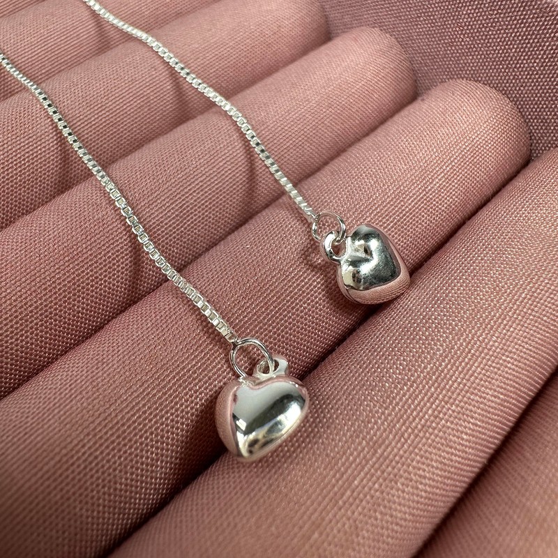 Sterling Silver Heart Pull Through Box Chain Earrings