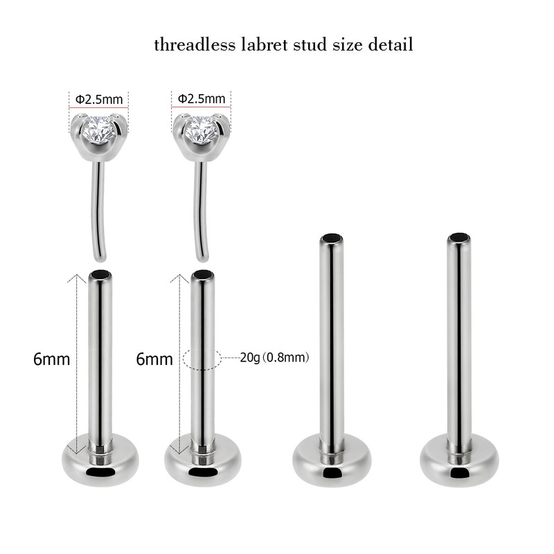 NORO OLO 2PCS-0.8mm(20g) Stainless Steel Press-Fit Threadless Push-In Labret Studs,Lip