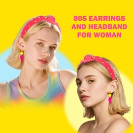 FSLLZCJY Neon Earrings and Headband 80s 90s Pearl Knotted Headband Acrylic Drop Earring Retro Costume Party Accessories 80s Outfit for Women (Pink, One Size)