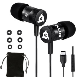 KLIM Fusion Earbuds with Microphone - NEW 2024 - Long-Lasting Wired Ear Buds - Innovative: in-Ear with Memory Foam - Earphones with Mic and USB-C - Black - USB-C