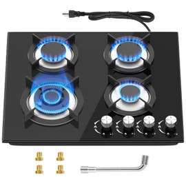 Argyolas 4 Burner Gas Stove Cooktop 24in, Glass Top Built-in Gas Cooking Hob, NG/LPG Compatible or use with Propane or Neutral Gas