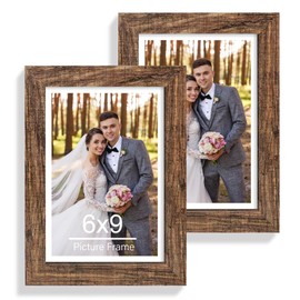 Hongkee 6x9 Picture Frame Set of 2, Made of Real Glass and Rustic Brown Wooden Frame - 6 by 9 Photo for Wall or Tabletop Display