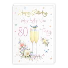 Hunts England - 80th Nan Champagne Flutes Birthday Card - Luxury Gold Foil - Milo's Gallery - Age 80 Butterflies, Hearts, Flowers Pretty Birthday Card For Nan - A5 Size