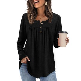 WIHOLL Womens Tops Jumpers for Womens UK Crewneck Pleated Tunic Shirts Casual Curved Hem Sweatshirts Size 10-12 Black