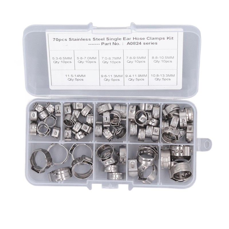 70Pcs Single Ear Hose Clamp Kit Stainless Steel Stepless 9