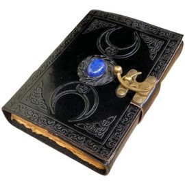 Triple Moon Embossed Vintage Leather Journal Dairy Notebook Travel Journal Sketchbook | 200 Deckle Pages (Black)