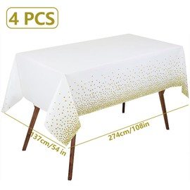 Party Tablecloth, Pack of 4, Reusable Gold Dot Tablecloth, White, Rectangle Tablecloth for Weddings, Birthdays and Christmas