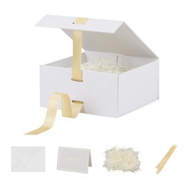 Small Gift Boxes with Lids 5 Pack 6X6X3 Inch White Gift Box with Ribbon Foldable Gift Boxes for Presents、Anniversary Gifts、Bridesmaid Proposal Box、Shredded Paper Filler & Cards