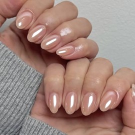 HOSAILY Chrome Press ons Nails Short Almond, Nude Aurora Chrome with Mirror Finish & Pearl Shine Design, 24Pcs Pretty Thick Elegant Glossy Salon Quali