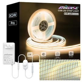 MIWISE COB LED Strip Light 32.8ft/10m,CRI 90+ Warm White 3000K High Lumen Dimmable Super Bright Flexible DC24V LED Tape Light with Controller/Dimmer,for Cabinet Home Office DIY Lighting Projects
