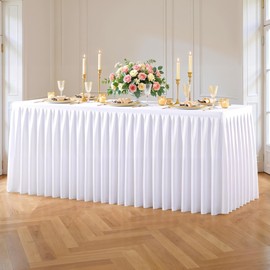 White Polyester Table Cloths for Rectangle 4 Foot Tables, 1 Pack Wrinkle Free Tablecloths Stretchy Banquet Ruffle Fitted Table Cover Desk Skirt for Parties Wedding Birthday Baby Shower