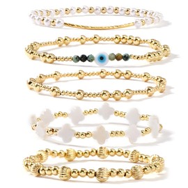 SHINUS BOHO Evil Eye Clover Pearl 14K Gold Beaded Bracelet Stack for Women,Dainty Bohemian Latern Beads Protection Stackable Bracelets Set Fashion Prom Holiday Accessories Jewelry Gift Friendship